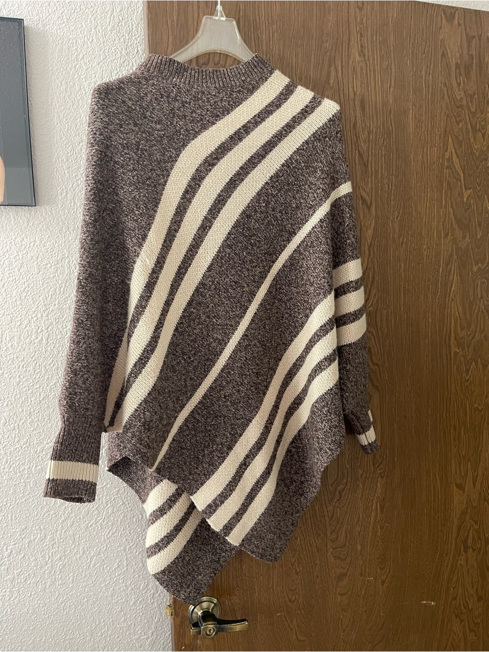 Cozy Asymmetric Striped Women’s Sweater Poncho - Brown and Cream